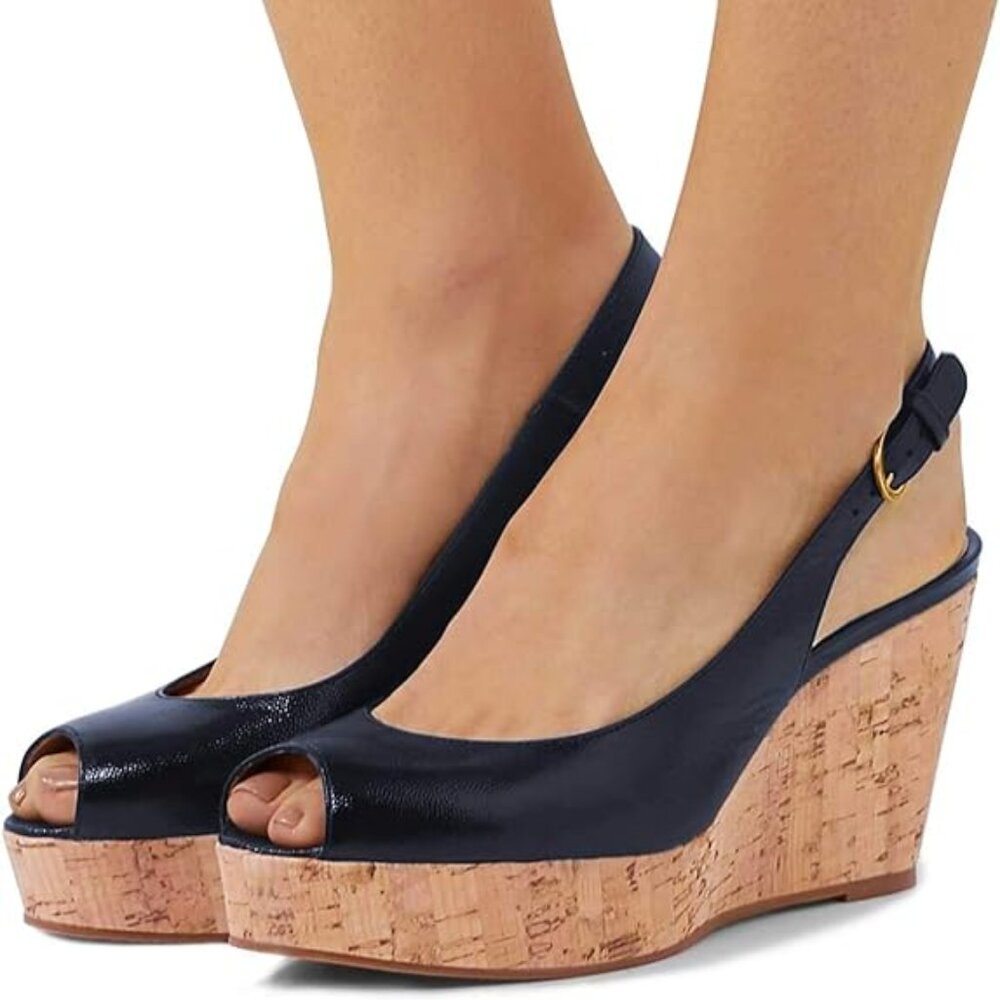FSJ Women Peep Toe High Heel Wedge Sandals Slip on Cork Pumps Slingback Platform